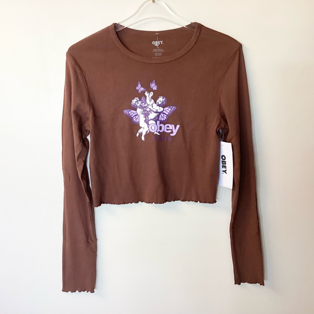 NWT Obey Cherubs Its All Love 2 Cropped Long Sleeve T-Shirt - Brown - L